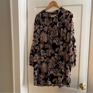 LOFT black floral mini dress split neck tie size L